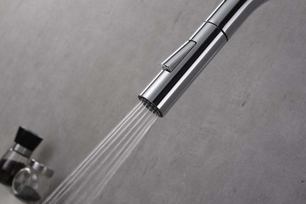 Sleek Chrome Pull Out Kitchen Faucet: Dual Spray for Enhanced Functionality and Contemporary Appeal.