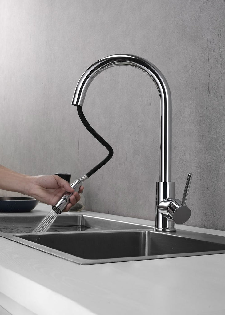 Modernize Your Kitchen: Chrome Pull Out Faucet with Dual Spray - Add Convenience and Elegance.